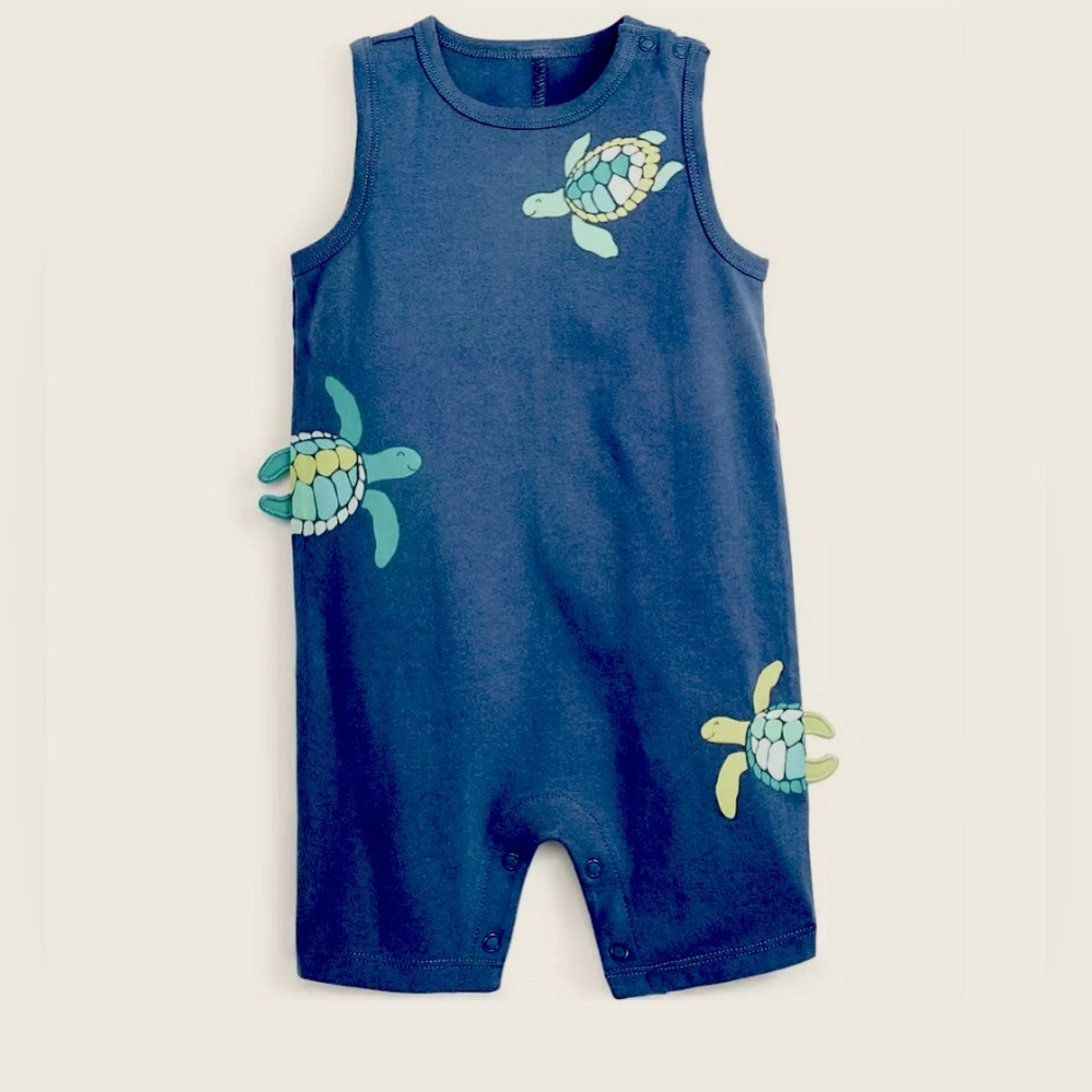 First Impressions Blue Romper. Turtle print, with 3D leg/flippers. 12 & 18 mos.